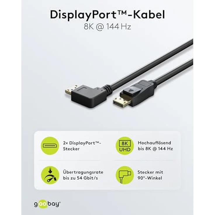 goobay DisplayPort Kabel 2.0/2.1, 1 Meter, 8K 144Hz, 54 Gbit/s, 90° Stecker, schwarz, für Gaming, UHD, HDR, G-Sync, FreeSync, DP auf DP – Bild 2