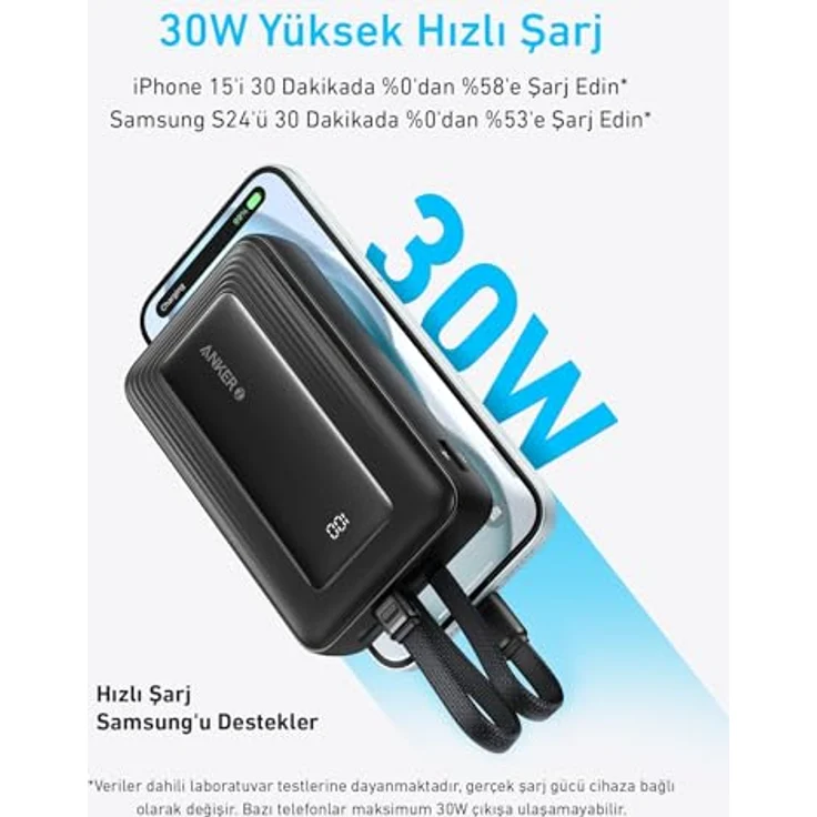 Anker Power Bank A1680G11, 10000mAh, 30W USB-C, integrierte Lightning Kabel, Schwarz – Bild 3