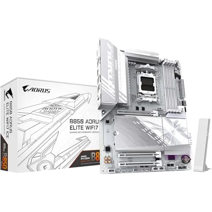 Gigabyte B850 AORUS Elite WIFI7 Ice Motherboard - AMD Ryzen 9000 Serie CPUs, 12+2+1 Phasen digitales VRM, bis zu 8200MHz DDR5 (OC), 1xPCIe 5.0 + 2xPCIe 4.0 M.2, 2,5 LAN, WiFi 7, USB 3.2 Gen 2x2