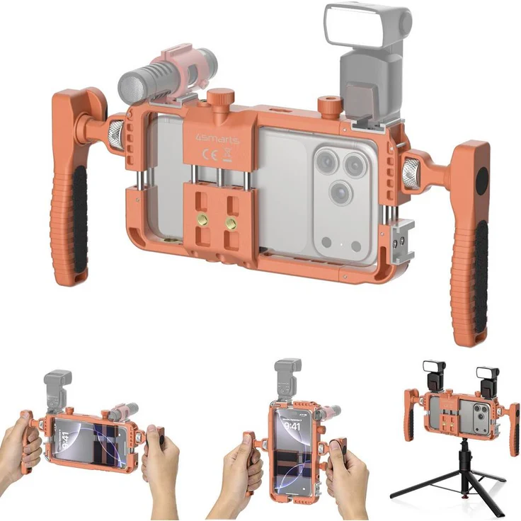 4Smarts Smartphone-Video-Rig Orange, universelle Halterung für Smartphones 58-85 mm mit Doppelgriff-Design und Entfernungsauslöser
