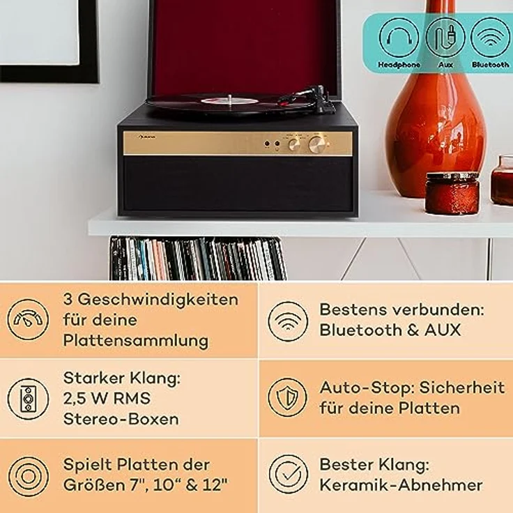 Auna Plattenspieler mit Lautsprecher, Retro-Schallplattenspieler mit Bluetooth & Standfüßen, Schwarz – Bild 2