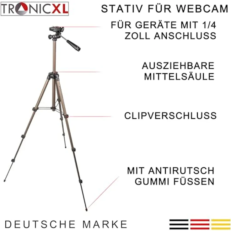 TronicXL Tripod Stativ für Webcam Logitech C920 Brio 4K C925e C922x C922 C930e, einstellbare Höhe 35-105cm, 3-Wege-Panoramakopf, lichtgewichtig, praktische Transporttasche – Bild 3