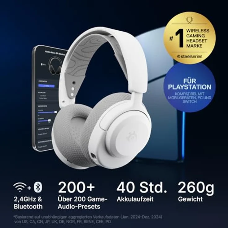 SteelSeries Arctis Nova 3P Wireless Gaming-Headset, 40 Std. Akku, App-Steuerung, Neodym-Magnet-Treiber, 2,4 GHz/Bluetooth, abnehmbares Mikrofon, weiß – Bild 2