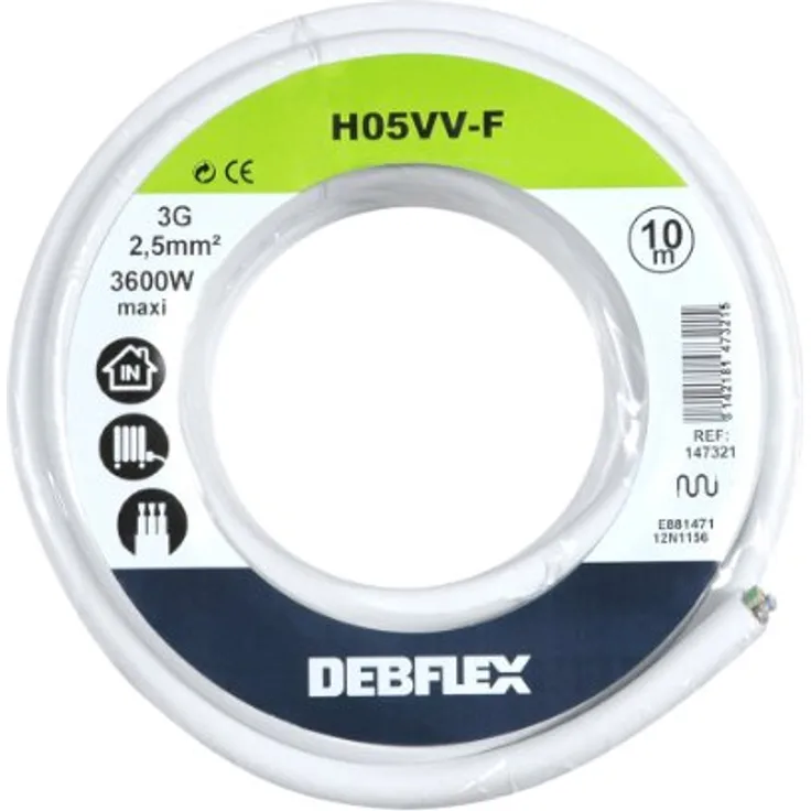 Debflex 147321 Spule, Kunststoffmantelleitung HO5VV-F 3G2,5, 10 m, weiß