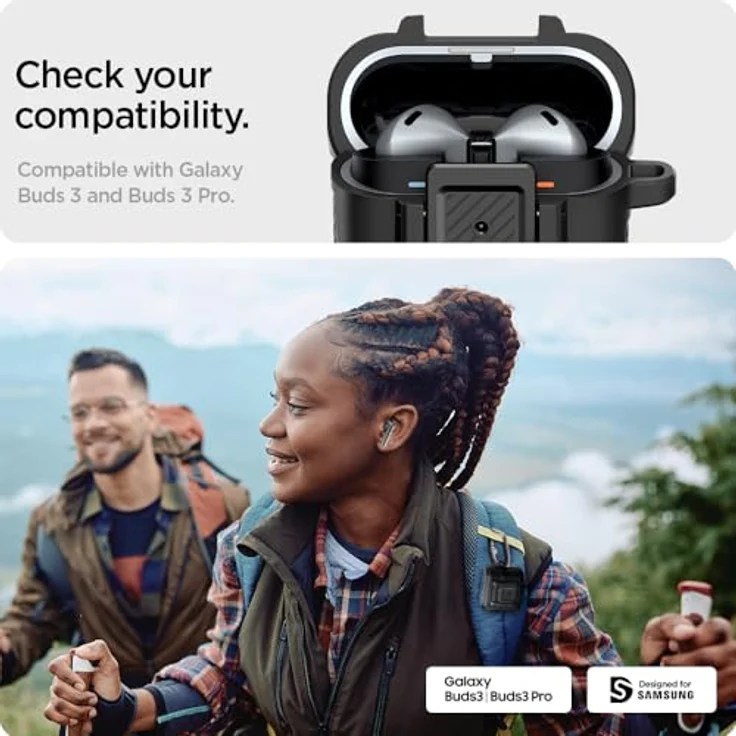 Spigen Lock Fit Hülle Kompatibel mit Samsung Galaxy Buds 3 Pro | Galaxy Buds 3 - Matt Schwarz - Sicherer Schutz mit Karabiner und kabellosem Laden – Bild 2