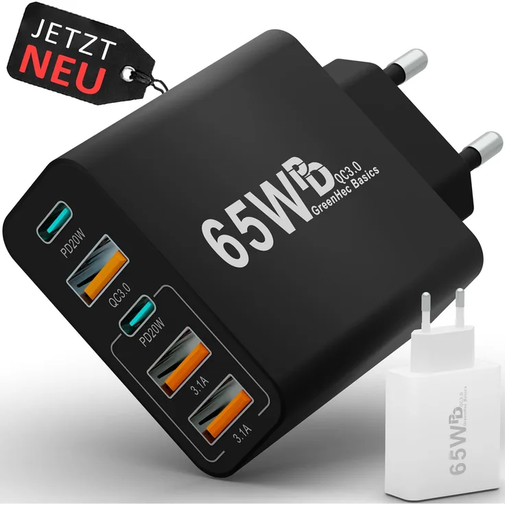 GreenHec 65W Charger: Schwarz - Ladegerät für bis zu 5 Geräte gleichzeitig, SafeCharge Pro Technologie, bis zu 65W Ladegeschwindigkeit
