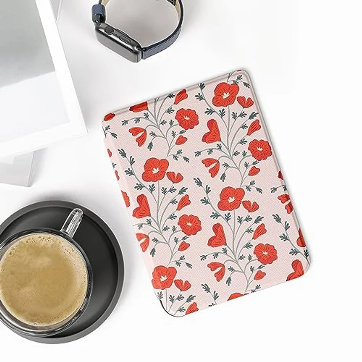 kwmobile Klapphülle kompatibel mit Kobo Clara 2E / Tolino Shine 4 Hülle - eReader Case - Mohnblumen Rot Grün Beige – Bild 2