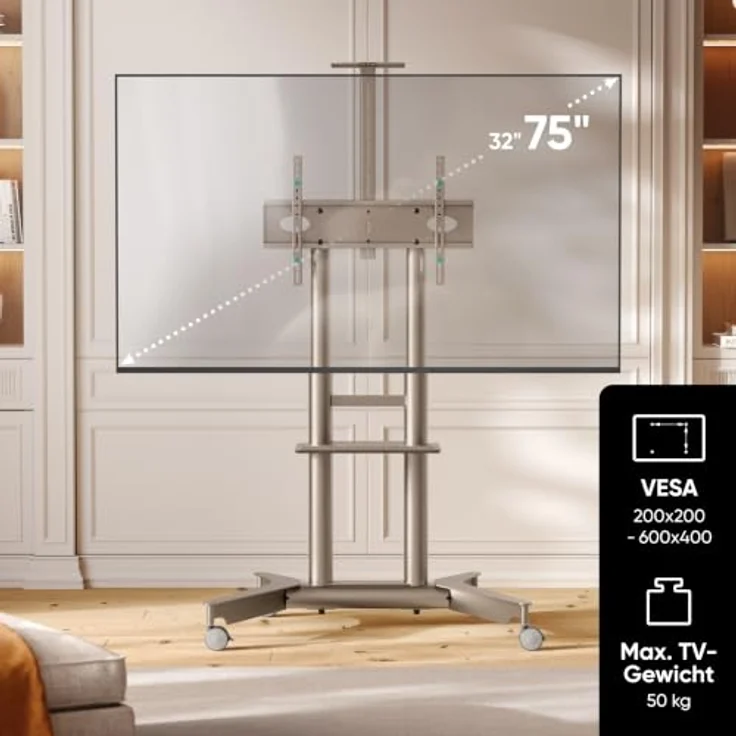 ONKRON TS1571-C, mobiler TV Ständer rollbar für 32-75" Fernseher bis 50 kg, höhenverstellbar, inkl. Ablage und Kabelmanagement, Champagner – Bild 2