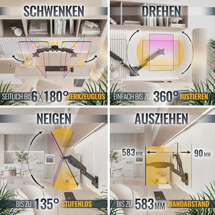 RICOO PC Monitor Wandhalterung 2 Monitore höhenverstellbar Gasfeder Schwenkbar Neigbar Bildschirm 17-24 Zoll, Halterung Wand S4711, VESA 75 x 75, 100x100 mm, schwarz – Bild 3