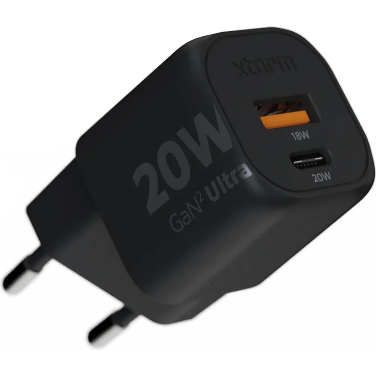 Xtorm XEC020 20W GaN2 Ultra Wall Charger, USB-C & USB-A, kompakt, schwarz, aus 97% recyceltem Kunststoff