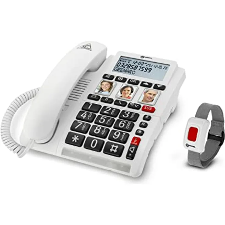 Geemarc CL610 - Schnurgebundenes Notruftelefon und wasserdichtes SOS-Armband mit verstärkter Lautstärke und anpassbaren Fototasten, ideal für Senioren und Hörgeschädigte, in rot.