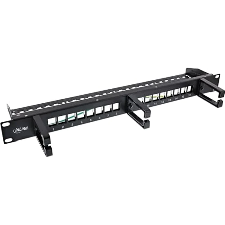 InLine Patchfeld 16-Fach Keystone, 19" 1HE, mit 3 Kabelbügeln, Leerpanel für Netzwerk & Multimedia, Rackmontage, Schwarz, 76822B – Bild 1