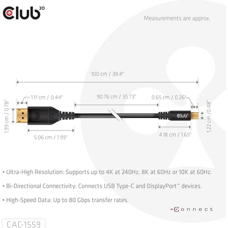 Club 3D CAC-1559 USB Typ-C auf DisplayPort DP80 1m Kabel, VESA zertifiziert – Bild 3