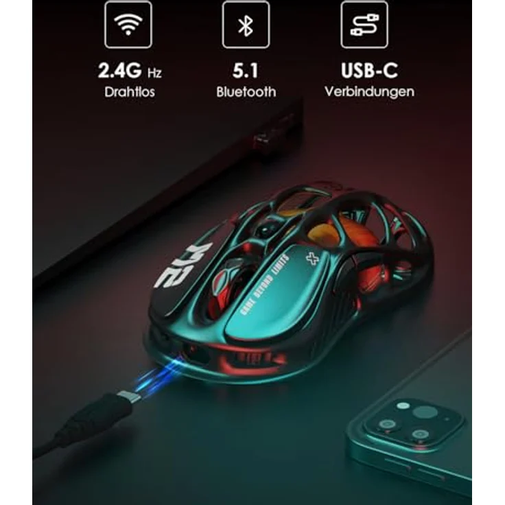 GravaStar Mercury M2 Kabellose Gaming-Maus mit optischem Sensor, 26.000 DPI, 79g leicht, Schwarz – Bild 4