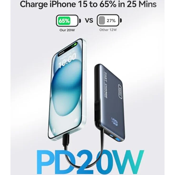 INIU Pocket Powerbank 10000mAh, 2x USB-A / USB-C, inkl. USB-C Kabel, Schwarz – Bild 3