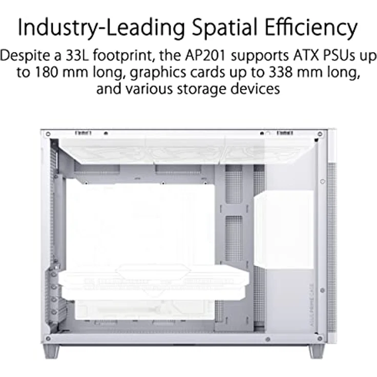ASUS Prime AP201 Tempered Glass MicroATX Gehäuse weiß (33 Liter, unterstützt 360-mm-Kühler, Grafikkarten bis 338 mm Länge und Standard-ATX-Netzteile, USB-C Anschluss, Seitenteile aus Glas) – Bild 2