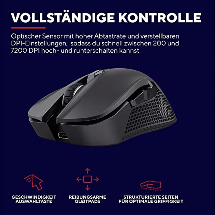 Trust Gaming GXT 923 Ybar Wiederaufladbare Kabellose Gaming-Maus, Geringer Latenz 2.4GHz, 50 Stunden Akkulaufzeit, 200-7200 DPI, 69% Recyclingkunststoff, PC, Laptop, Computer, Windows – Schwarz – Bild 4