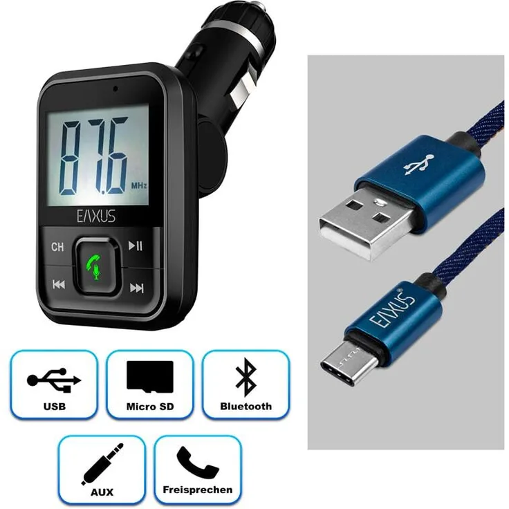 Eaxus FM-Transmitter mit Bluetooth, USB, AUX, MicroSD, Freisprechfunktion, 12 V, Schwarz + USB-C Lade-Datenkabel 1 m im Jeans Design