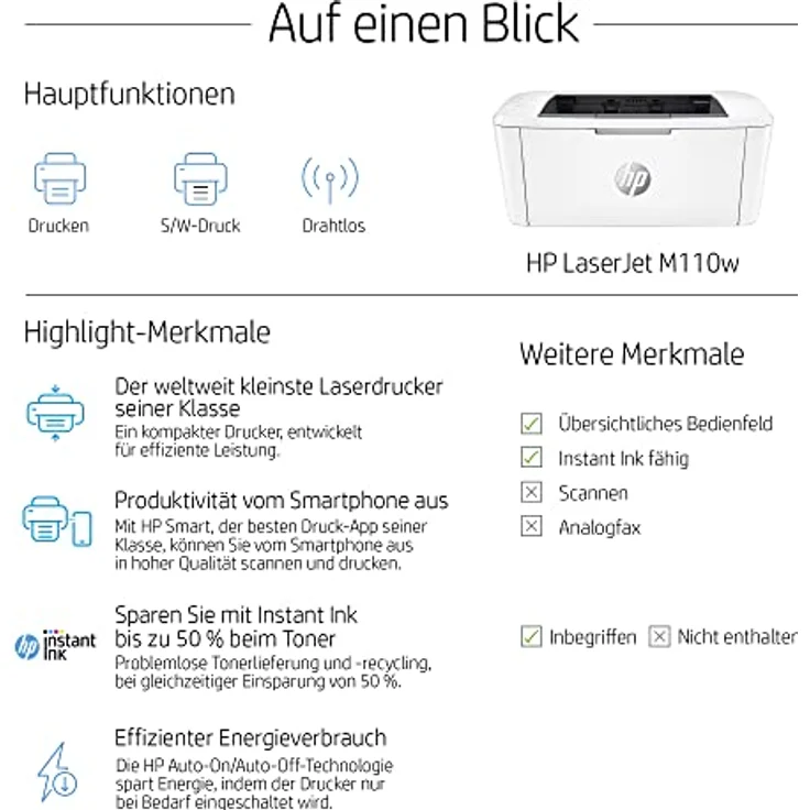 HP Laserjet M110w Laserdrucker, Monolaser, Drucker, WLAN, Airprint, Schwarz-weiß-Drucker, HP Instant Ink für Toner verfügbar – Bild 2