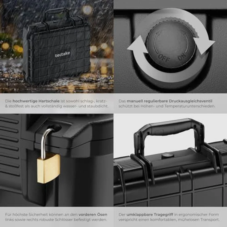 tectake® Universalbox M, wasserdichte Hardcase Box mit Schaumstoffeinlage, abschließbar, stoßfest und drucksicher für Foto, Kamera, Waffe oder Werkzeug – Bild 5