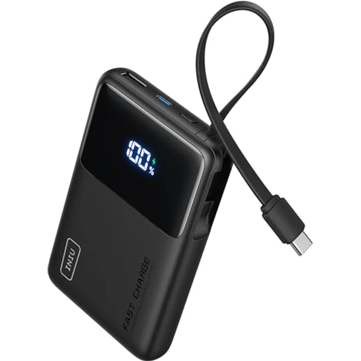 INIU 45W Power Bank 10.000mAh, Schlankes portables Ladegerät mit integriertem USB-C Kabel, Schnellladung für iPhone 16, Samsung S24, Xiaomi und MacBook – Bild 1