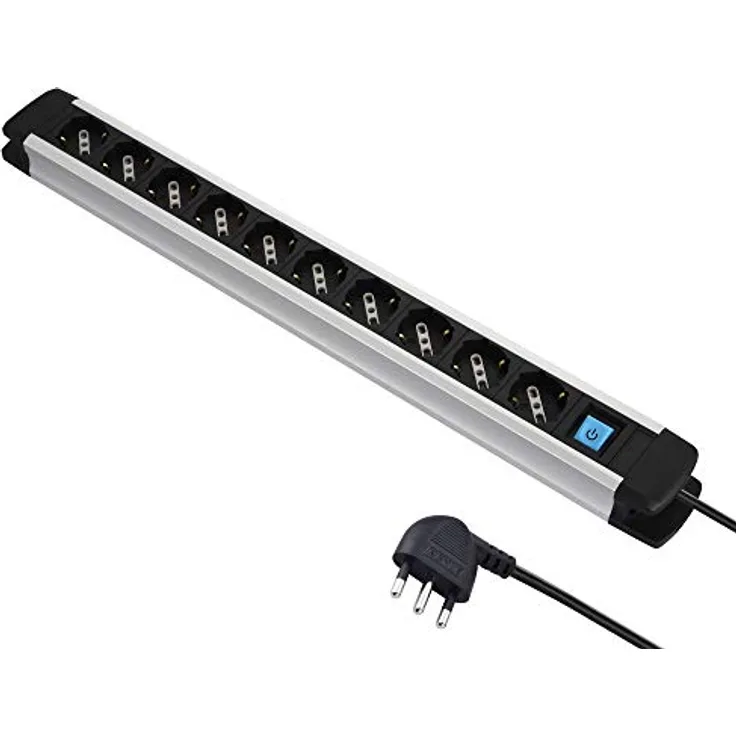 Electraline 61903 Mehrfachsteckdose Alu-Line, 10 Steckplätze, Schuko + 10/16 A und 1 beleuchteter Schalter, 2 m, mit Gehäuse aus Aluminium