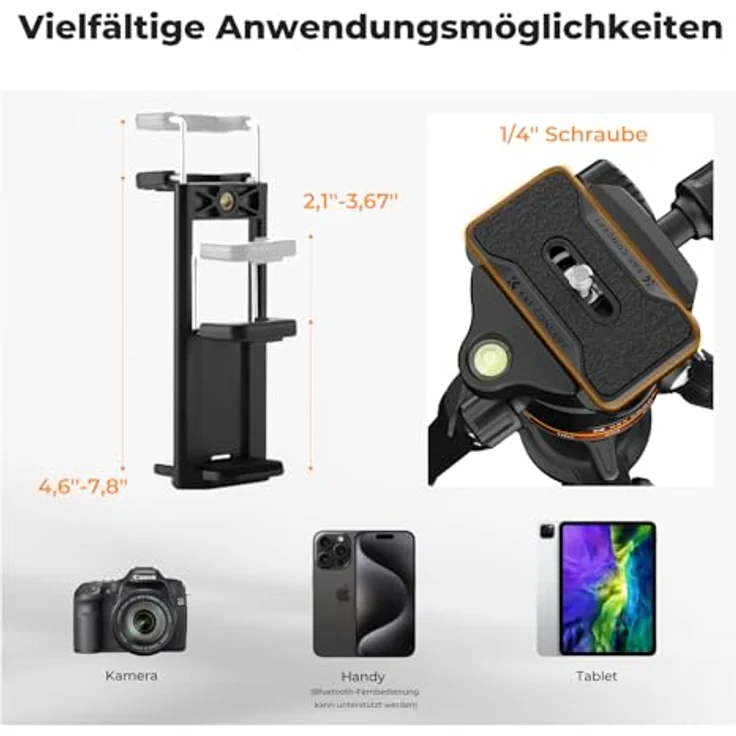 K&F CONCEPT O275A5+BH-36, 192cm Aluminium Kamerastativ mit Handyhalterung und Bluetooth-Fernbedienung, tragbar, abnehmbares Einbeinstativ, 36mm Kugelkopf mit 8kg Tragkraft – Bild 5