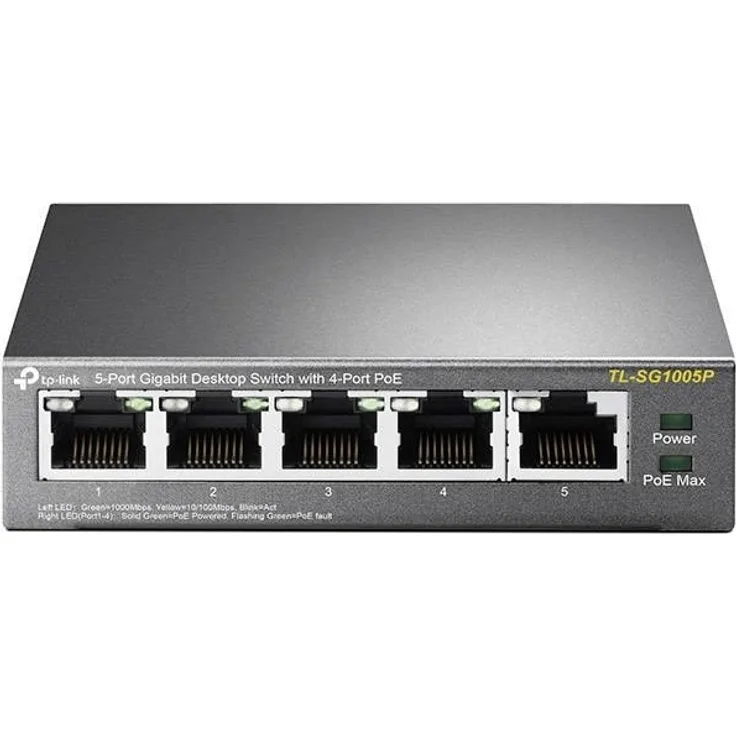 TP-Link TL-SG1005P 5-Port Gigabit PoE Switch (5 Anschlüsse mit 10- 100- 1000 Mbit-s, 4 davon mit PoE-Unterstützung, Plug-and-Play, Metallgehäuse)