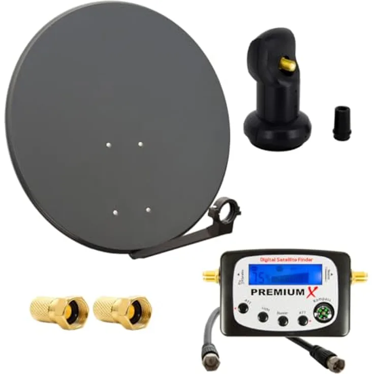 Premium X Satelliten-Komplettanlage 80cm Anthrazit, Single LNB, 2X F-Stecker, Sat-TV-Signalfinder