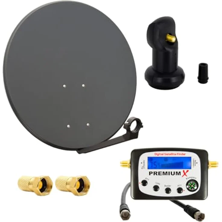 Premium X Satelliten-Komplettanlage 80cm Anthrazit, Single LNB, 2X F-Stecker, Sat-TV-Signalfinder – Bild 1