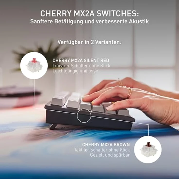 CHERRY KW 300W MX, Mechanische Tastatur mit Cherry MX2A Silent Red Switches, Kabellos & Kabelgebunden, USB + Bluetooth, LED, 75%-Formfaktor, Schwarz / Kupfer / Grau – Bild 4