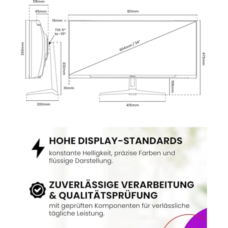 Arozzi Nova 34" Curved Gaming Monitor, Ultrawide QHD 1440p, VA 165Hz, HDR10, Adaptive Sync, flimmerfreies Display, 90% sRGB, Schwarz – Bild 4