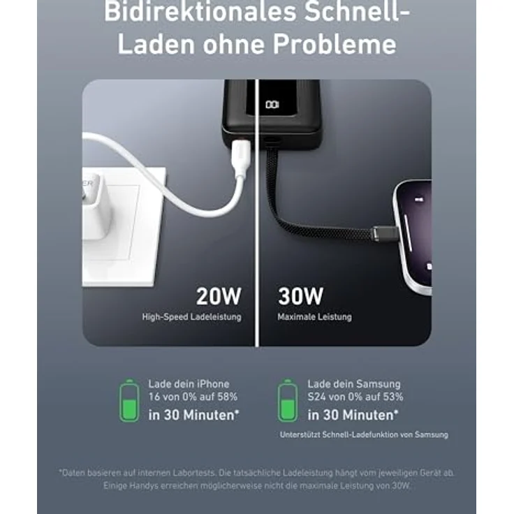 Anker Power Bank, Powerbank 20000mAh 30W mit integriertem USB-C Kabel, High-Speed portables Ladegerät für iPhone 16/15/15 Pro/15 Pro Max/15 Plus, MacBook, Galaxy - schwarz – Bild 3