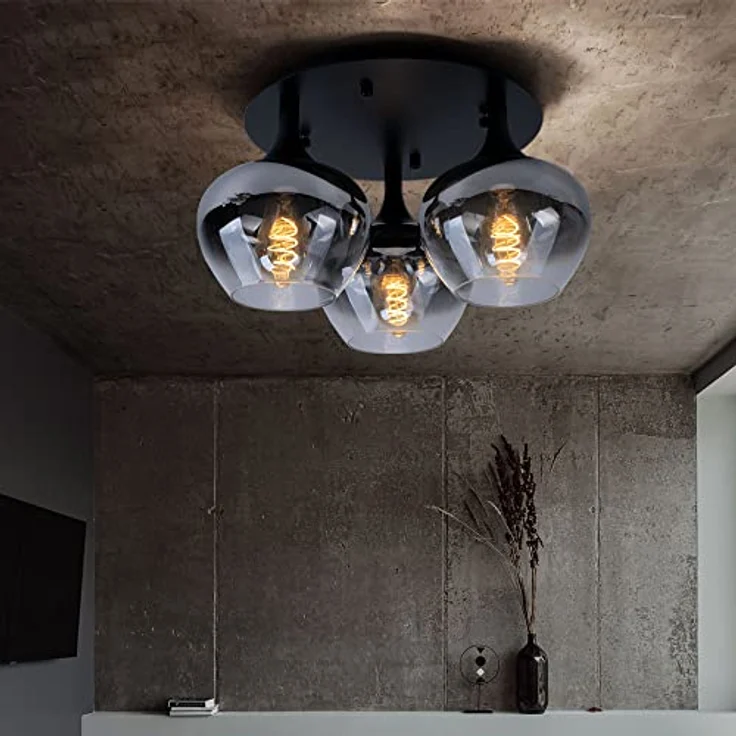 Globo Deckenleuchte Rauchglas Esszimmerleuchte rund Glaskugel Schlafzimmer, Metall schwarz, 3x E27, DxH 45x25,5 cm – Bild 5