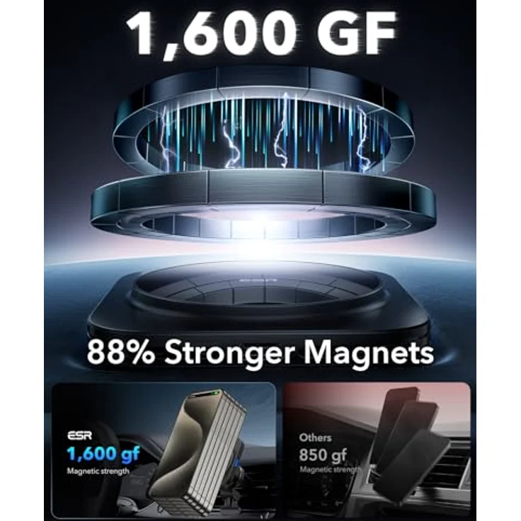 ESR für 15W MagSafe Autoladegerät, Qi2 zertifiziertes Laden, magnetisches kabelloses Autoladegerät für Lüftungsschlitze/Armaturenbrett, Handyhalterung für iPhone 15/14/13, Schnellladung, Schwarz – Bild 5