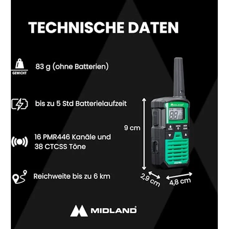 MIDLAND XT30 Pro Walkie Talkie, 16 PMR446-Kanäle, Reichweite bis zu 6 km, spritzwassergeschützt, Schwarz/Grün – Bild 6