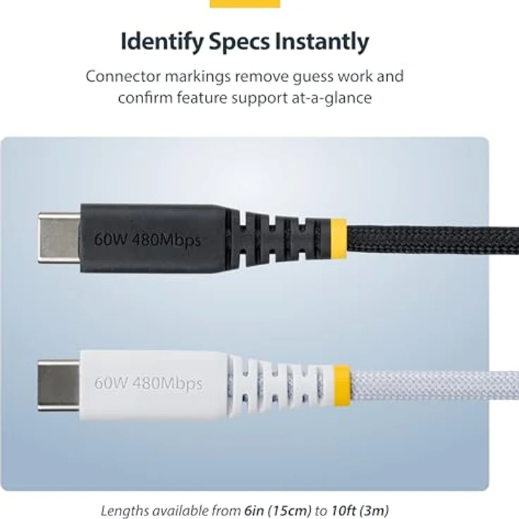 StarTech.com 30cm USB-C Ladekabel, 60W (3A) PD, geflochtener Nylon-TPE Mantel, Schwarz, USB 2.0 Schnellladekabel – Bild 5