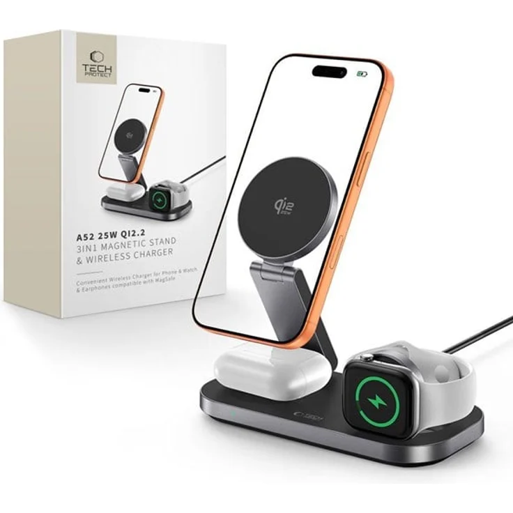 Tech-Protect A52 3in1 MagSafe 25W QI2.2 Wireless Charger, faltbare Ladestation für Smartphone, Smartwatch und Kopfhörer, schwarz