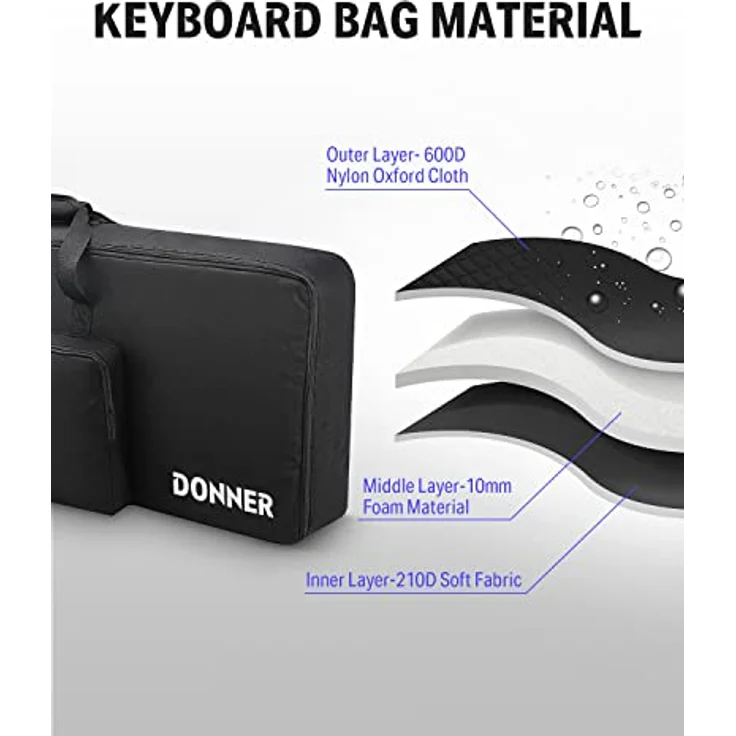 Donner Keyboardtasche 61 Tasten, 104 x 41 x 13 cm wasserdichte Keyboard Tasche 10 mm Dicke Polsterung Gepolstert Gig Bag, Schwarz – Bild 2