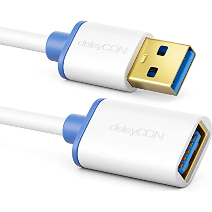 deleyCON 5m USB 3.0 Super Speed Verlängerungskabel, Stecker zu Buchse, Übertragungsgeschwindigkeit bis zu 5 Gbit/s, Weiß/Blau – Bild 2