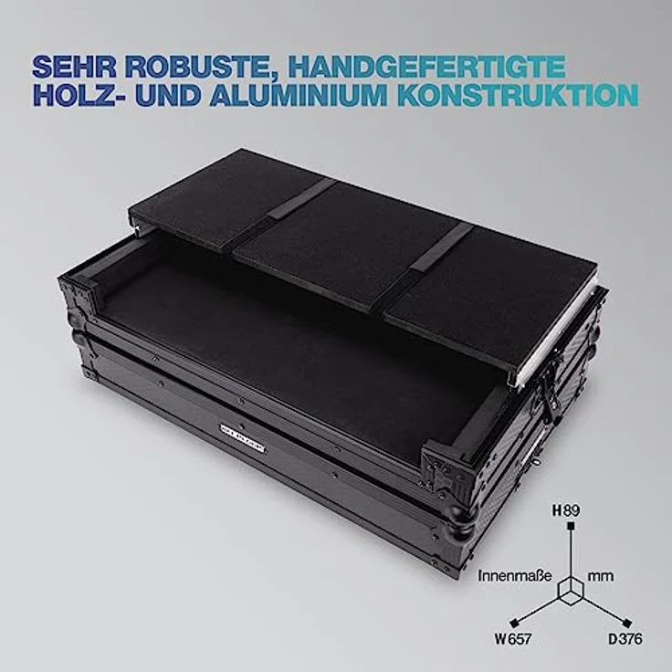 Reloop Premium Large Controller Case, handgefertigtes DJ Controller Case aus robustem Holz und hochwertigem Aluminium mit integriertem Laptop Tray und gefederten Transportgriffen – Bild 5