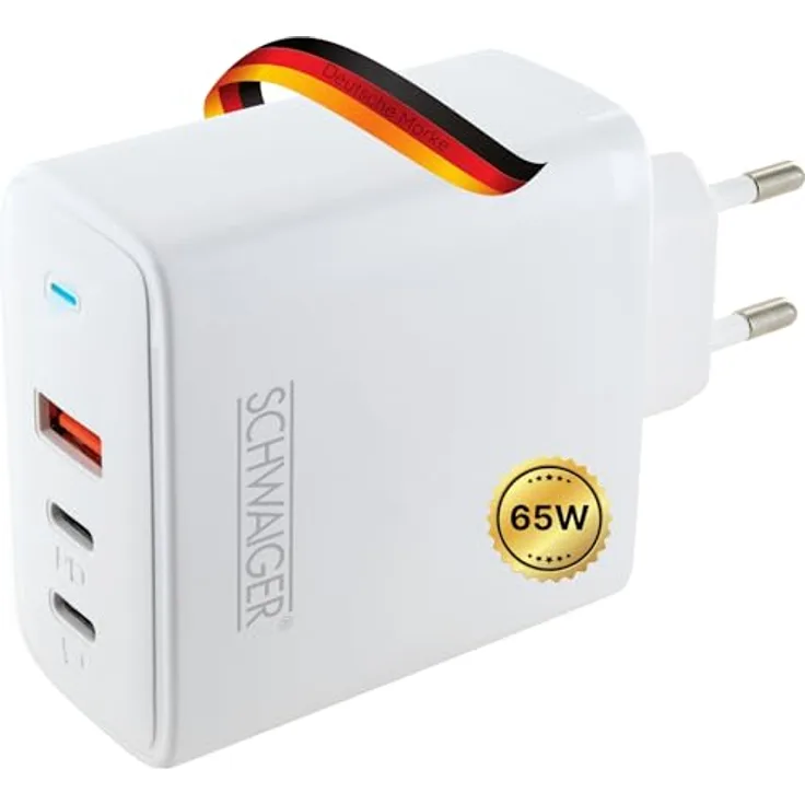 SCHWAIGER LADC2165 Schnell-Ladeadapter 65W mit 2x USB-C & USB-A, Netzteil mit Eurostecker und Status LED, kompatibel mit iPhone, Samsung, MacBook, Laptop, Tablet & Smartphone