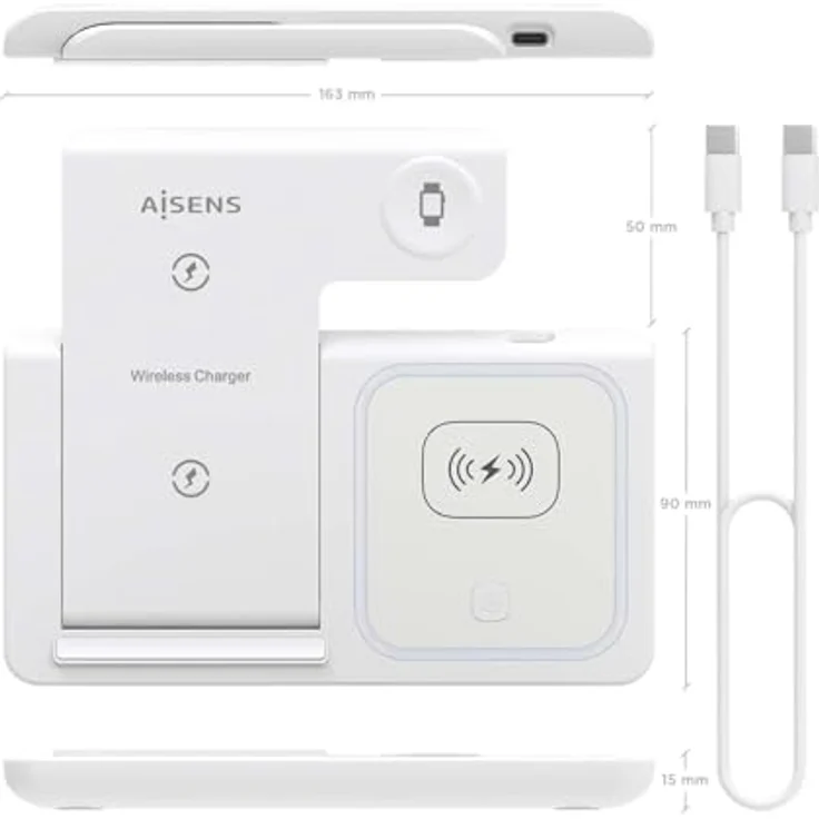 AISENS ASCH-15W3WC044-W, Kabelloses Ladegerät USB-C 3-in-1, 15 W, für Handy und Apple Watch, mit Ladekoffer, Weiß, faltbar, Qi-kompatibel – Bild 4