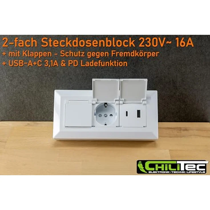 ChiliTec CHILITEC Steckdosenblock 23950, 2-fach mit Schutzklappen, USB-A+C, weiß – Bild 6