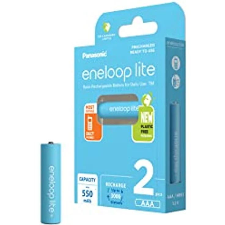 Panasonic eneloop lite, AAA/Micro wiederaufladbare Akkus, Ready-to-Use, 2er-Pack, min. 550 mAh, 3000 Ladezyklen Lebensdauer mit geringer Selbstentladung, plastikfreier Verpackung, Ni-MH Akku – Bild 1