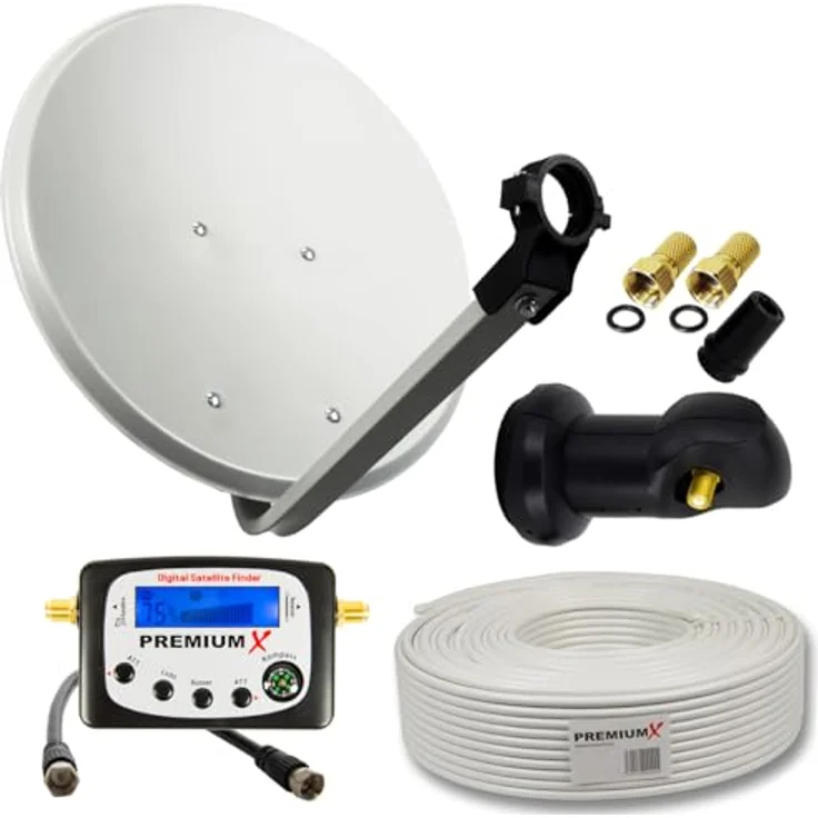 Premium X Camping Satelliten-Komplettanlage, 45cm Offset Satellitenschüssel mit Single LNB, 10m Class A TV Kabel und SAT-Signalfinder, FullHD / 4K geeignet – Bild 1