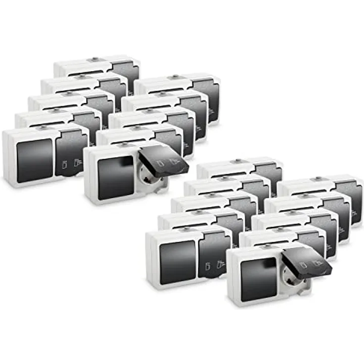 greate 20x Aufputz Schalter Steckdose Kombination mit IP44 für Feuchtraum, grau - Schalter Wechselschalter 250V & 16A, Kunststoffplättchen, 2 Leitungseinführungen