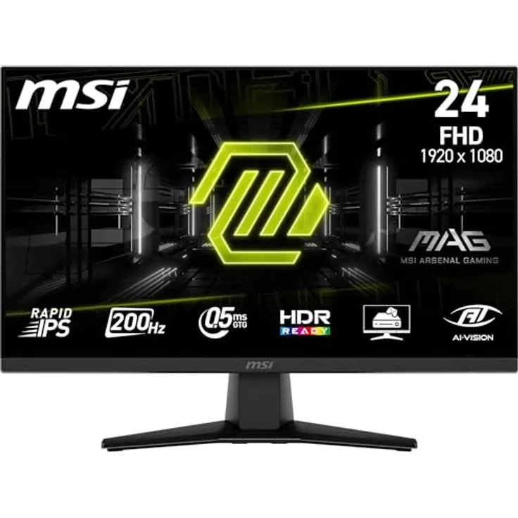 MSI MAG 242F, 24 Zoll FHD Gaming Monitor mit Rapid IPS Panel, 200Hz, 0,5ms Reaktionszeit, HDR Ready, AMD FreeSync Premium, neigbar, VESA-kompatibel, Schwarz