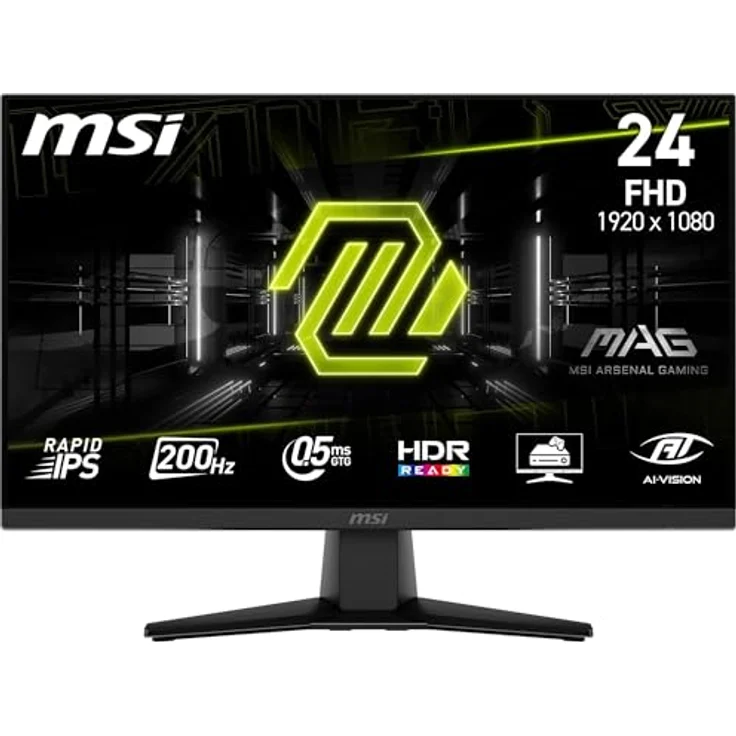 MSI MAG 242F, 24 Zoll FHD Gaming Monitor mit Rapid IPS Panel, 200Hz, 0,5ms Reaktionszeit, HDR Ready, AMD FreeSync Premium, neigbar, VESA-kompatibel, Schwarz – Bild 1