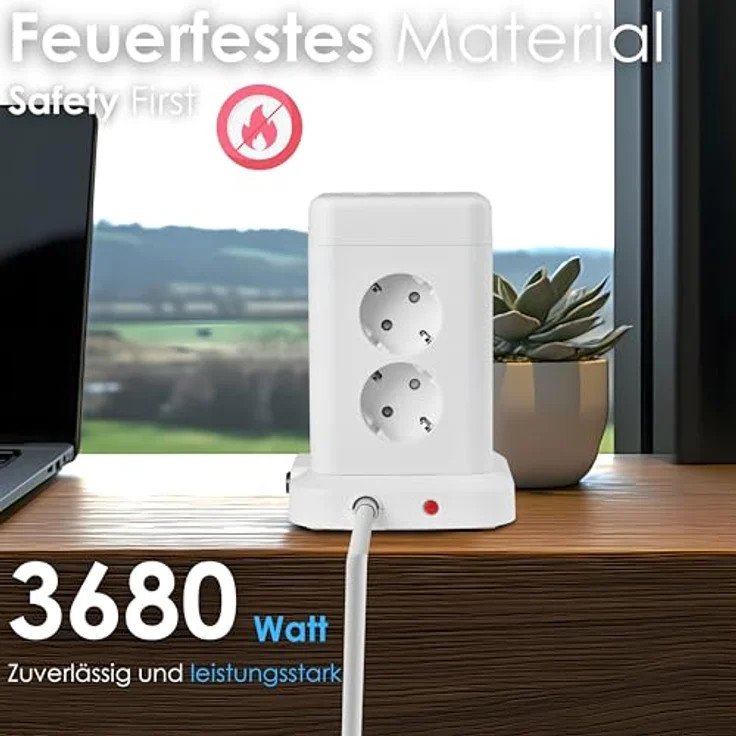 Echos 12-in-1 Steckdosenturm mit 3M Kabel, 8-fach Mehrfachsteckdose mit 2 USB-A und 2 USB-C Anschlüssen, integrierter Schalter, Überspannungsschutz, kompakt und platzsparend – Bild 4